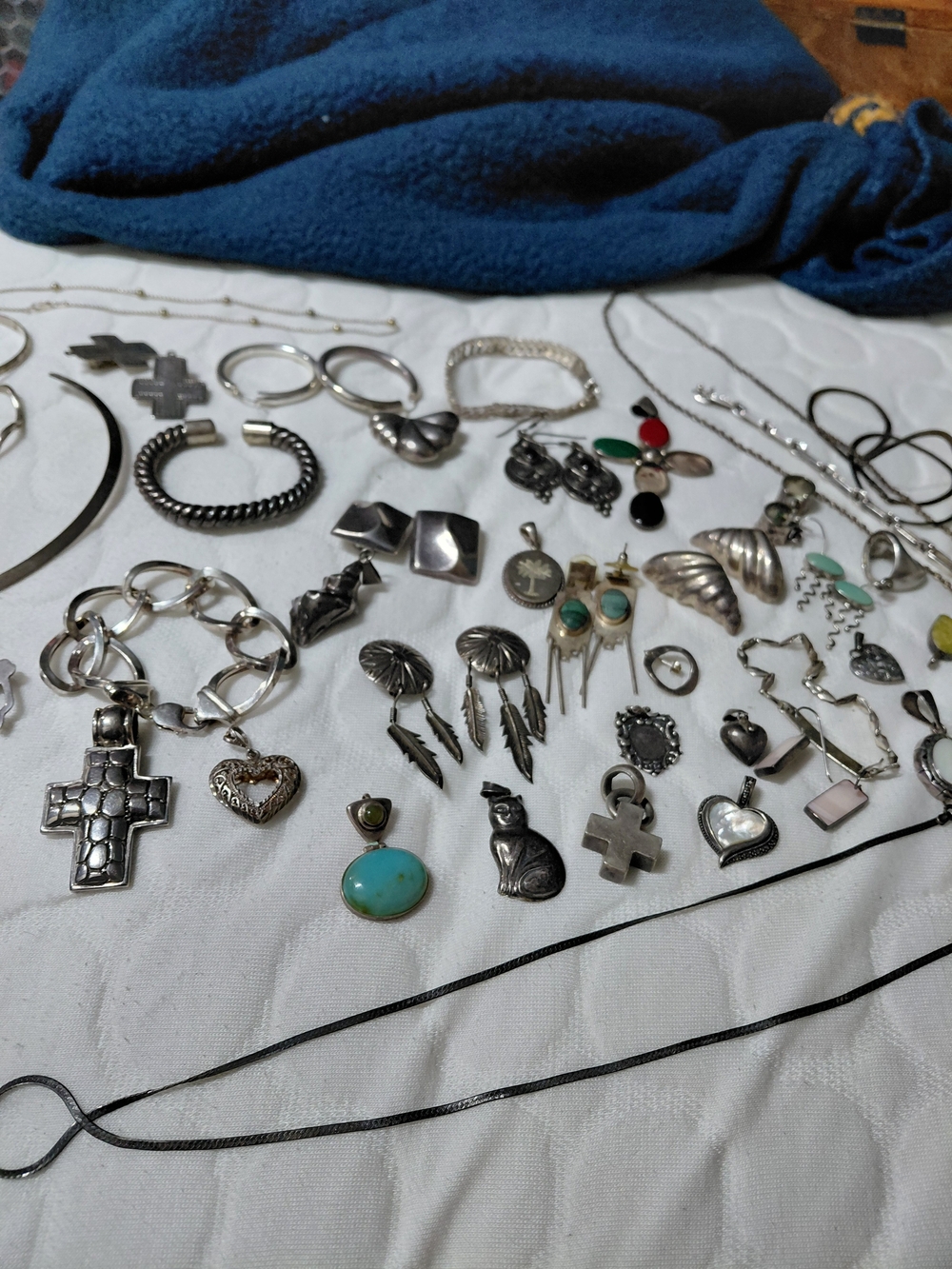 Sterling Silver Lot 483g MixeCharm Necklace and Earring Set Turquoise Accents